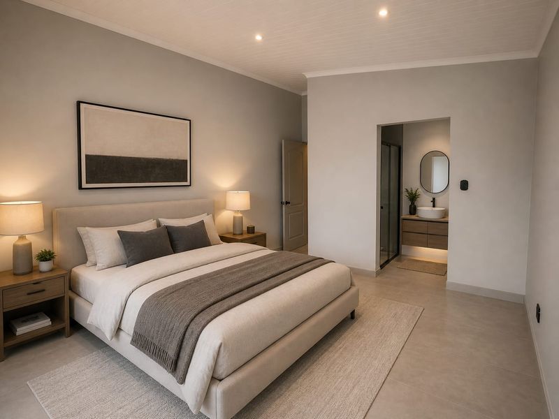 Modern bedroom featuring neutral tones, recessed lighting, and an open-plan en-suite bathroom with a contemporary vanity and vessel sink.