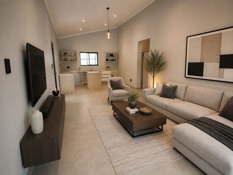 Spacious open-plan living area featuring a modern kitchen with built-in cabinetry, vaulted ceilings, recessed lighting, and neutral tiled flooring throughout.