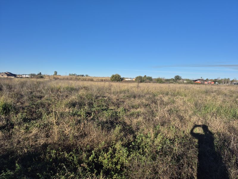 A wide-angle view of an undeveloped, open plot of land featuring natural vegetation and dry grass under a clear blue sky.