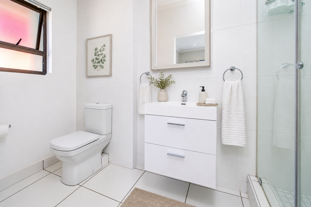 A modern, well-maintained bathroom featuring a wall-mounted vanity, glass shower enclosure, and clean white tiled finishes throughout.