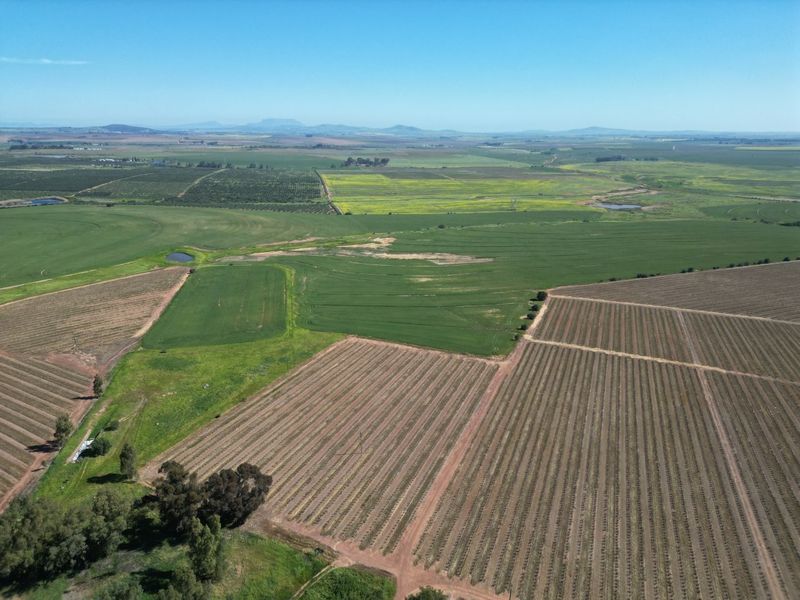 An expansive aerial view of the farm property, showcasing large cultivated agricultural fields, orchards, and open landscape under a clear sky.