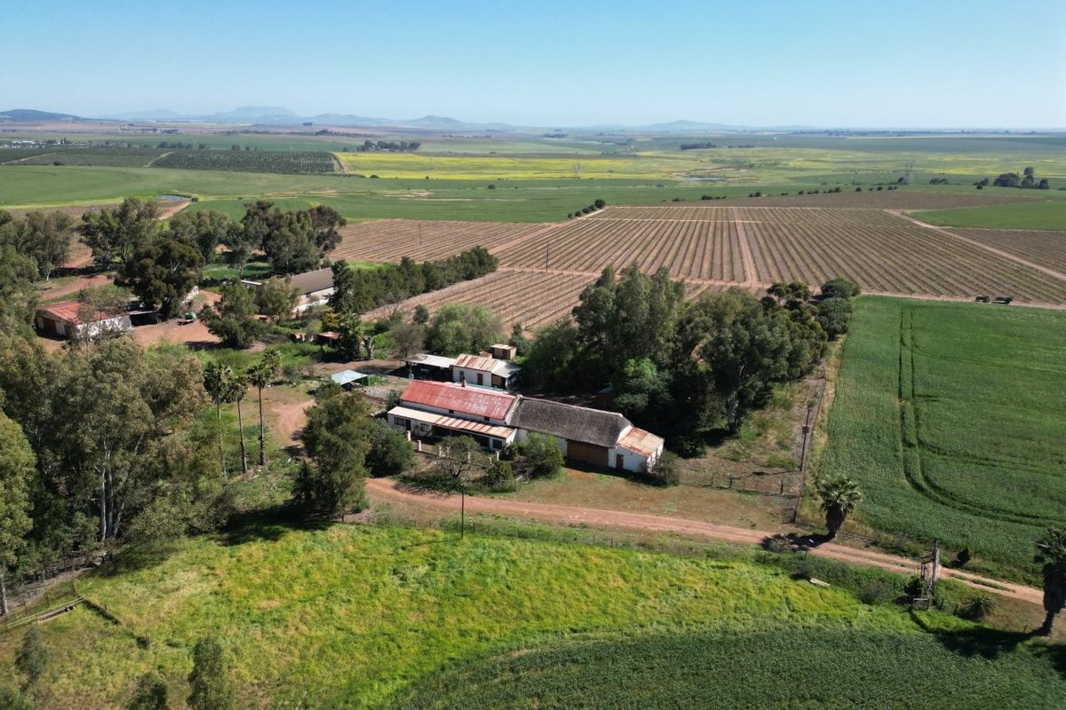 Aerial view of a rural farm property featuring multiple outbuildings, corrugated metal roofing, and extensive surrounding agricultural land.
