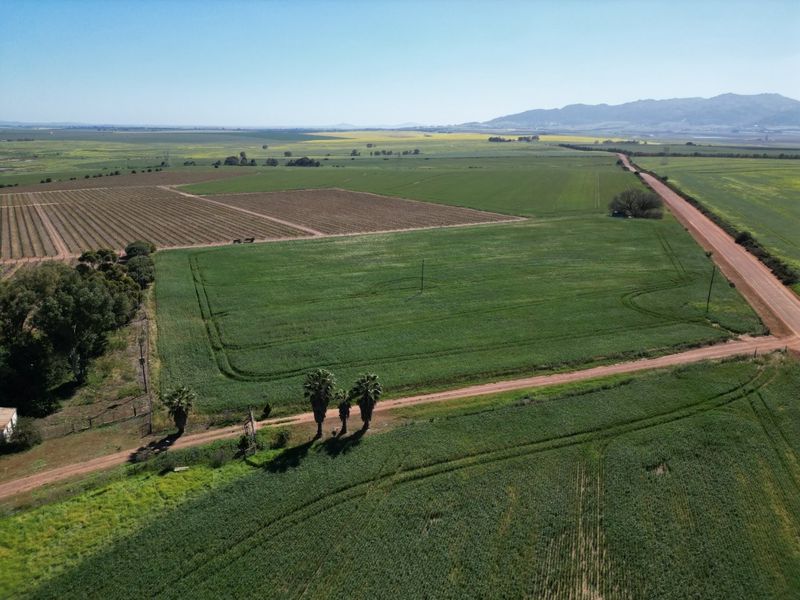 An aerial view of a large farm property featuring expansive cultivated fields, dirt access roads, and established perimeter fencing under a clear sky.