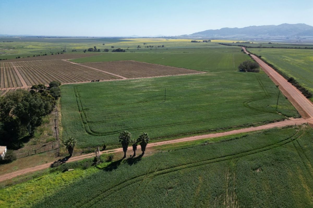 An aerial view of a large farm property featuring expansive cultivated fields, dirt access roads, and established perimeter fencing under a clear sky.