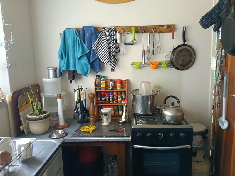 A compact kitchen area featuring a gas stove, oven, and stainless steel sink with wall-mounted storage for kitchen utensils.