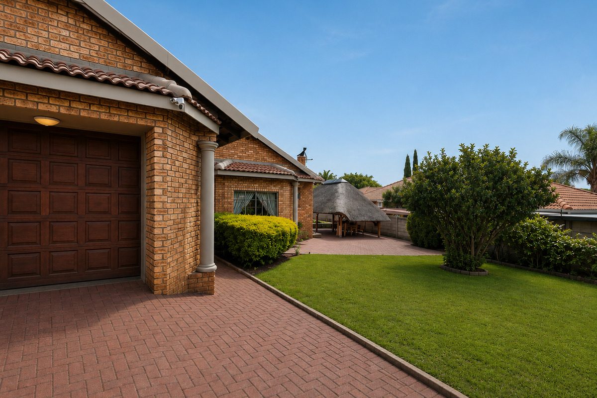 A well-maintained rear exterior featuring a face brick facade, paved driveway, garage access, manicured lawn, and a traditional thatched lapa entertainment area.
