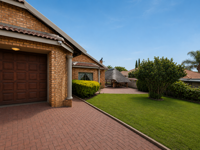 A well-maintained rear exterior featuring a face brick facade, paved driveway, garage access, manicured lawn, and a traditional thatched lapa entertainment area.