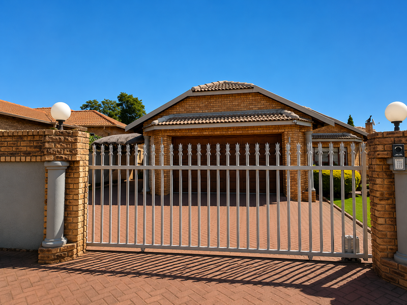 Front view of a brick house featuring a paved driveway, secure metal gate, and integrated intercom system.