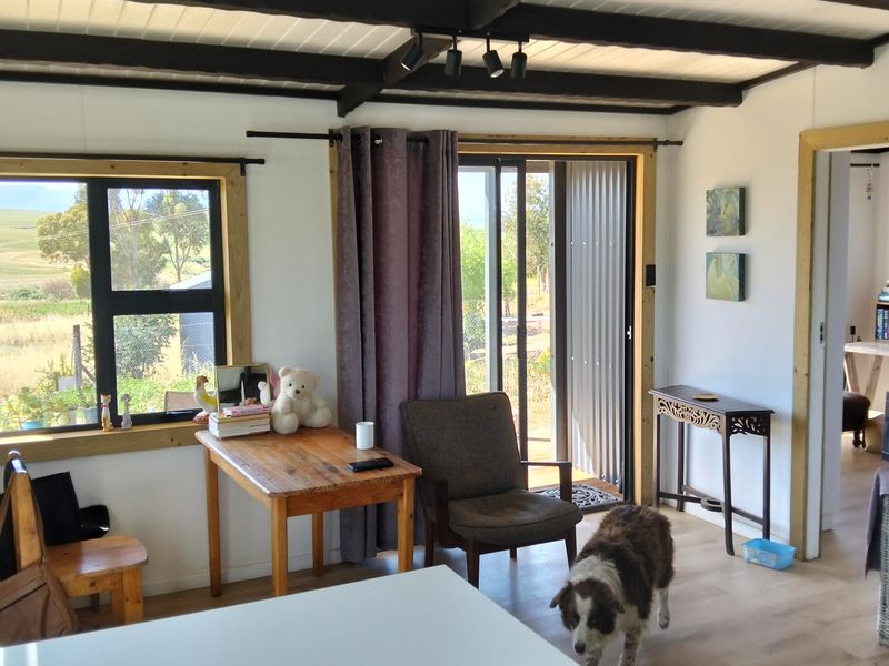 A bright living area featuring exposed timber ceiling beams, laminate flooring, and large windows with natural light and garden views.