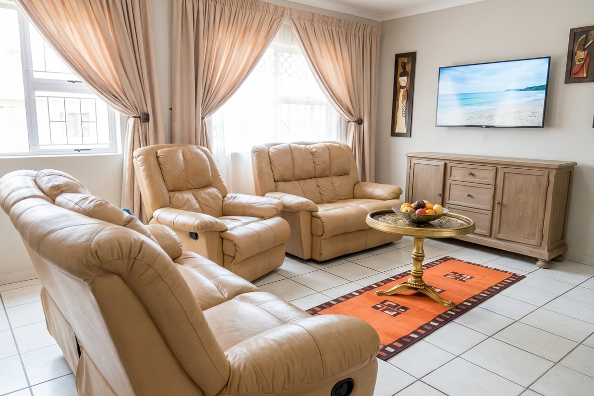 A well-maintained living room featuring neutral tiled flooring, large windows with security bars, and classic cove cornicing.