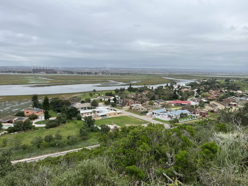 An elevated aerial view overlooking a residential neighborhood situated near coastal wetlands and natural landscape.