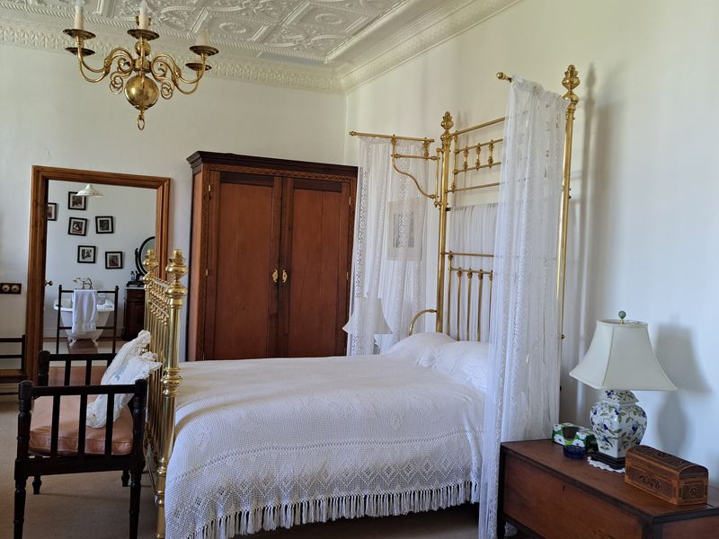 Spacious bedroom featuring an ornate plaster ceiling, crown molding, and a classic brass chandelier, with an adjoining view into a bathroom.