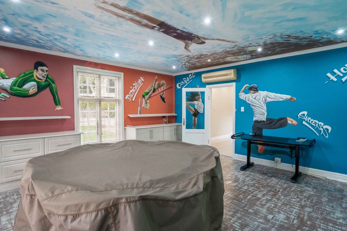 A bedroom featuring custom wall and ceiling murals, built-in cabinetry, and a split-system air conditioner.