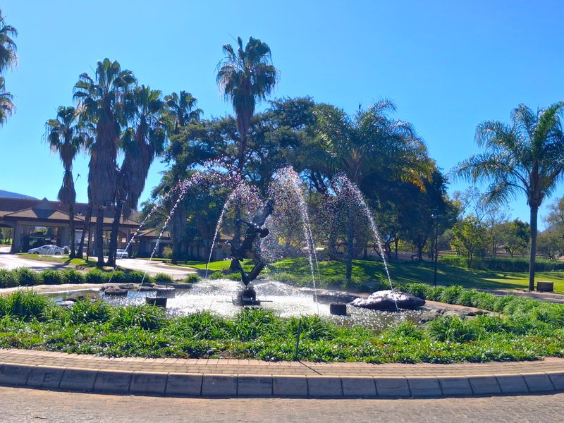 A well-maintained circular garden roundabout featuring a central water fountain, mature palm trees, and manicured landscaping within a residential estate setting.
