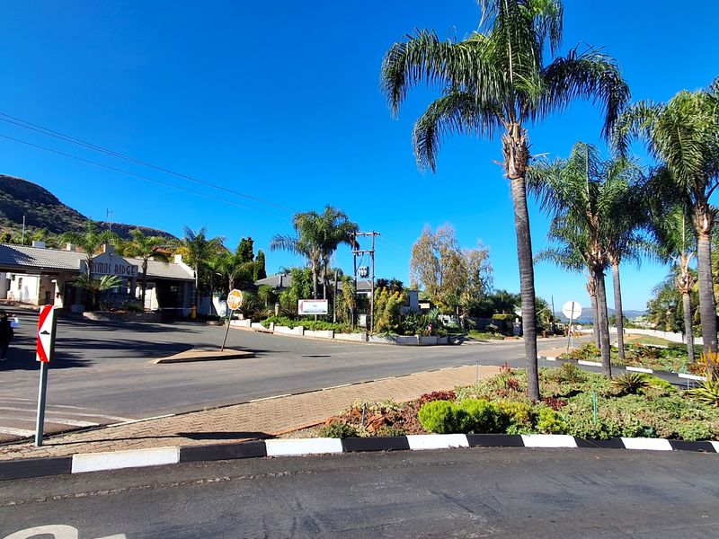 A view of the entrance to Cosmos Ridge, featuring a paved road, landscaped verge with palm trees, and a security gatehouse.