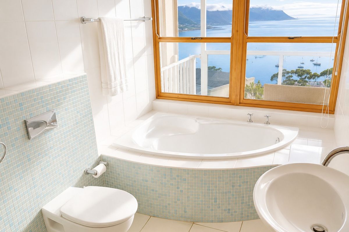 A bright, modern bathroom featuring a built-in bathtub, wall-mounted toilet, and basin, complemented by stunning panoramic ocean and mountain views through a large window.