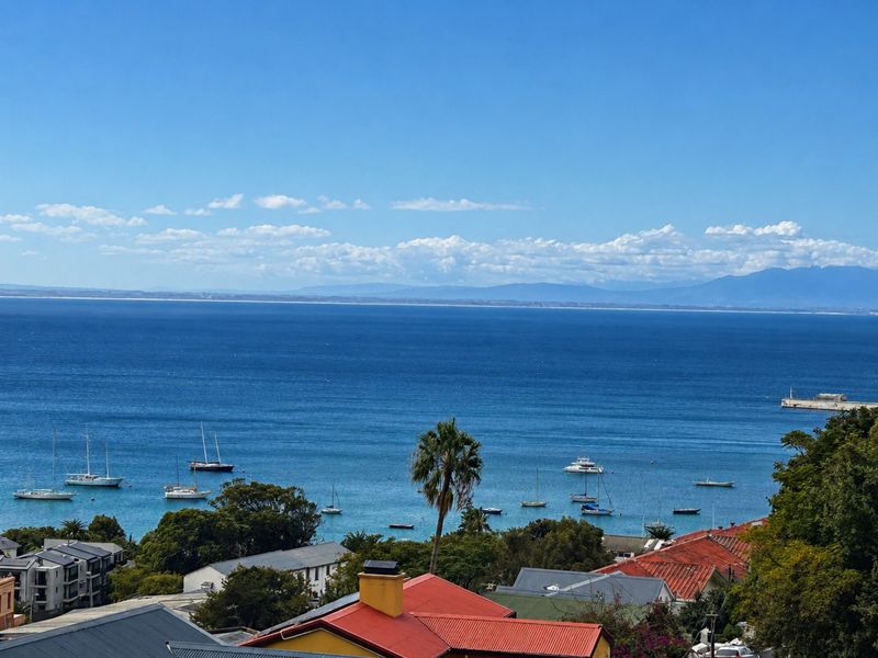 A scenic elevated view overlooking the ocean, bay, and surrounding coastal neighborhood rooftops.