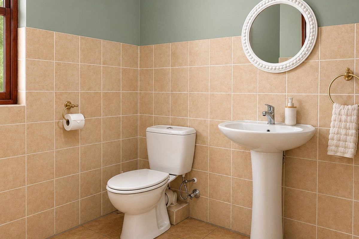 A well-maintained bathroom featuring a pedestal basin, ceramic toilet, and neutral-toned wall and floor tiling with a classic finish.
