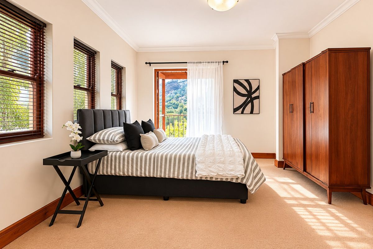 A well-maintained bedroom featuring carpet flooring, built-in timber wardrobe, and access to a private balcony with scenic mountain views.