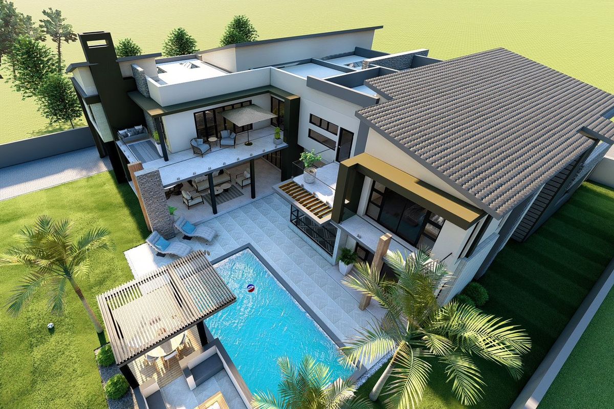 Aerial view of a modern residential property featuring a swimming pool, covered patio, balcony, and landscaped garden areas.