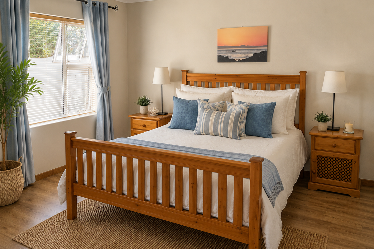 A well-maintained bedroom featuring laminate flooring, neutral wall tones, and natural light through window blinds.