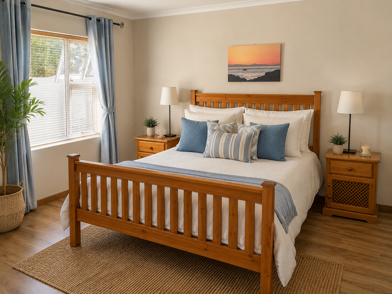 A well-maintained bedroom featuring laminate flooring, neutral wall tones, and natural light through window blinds.