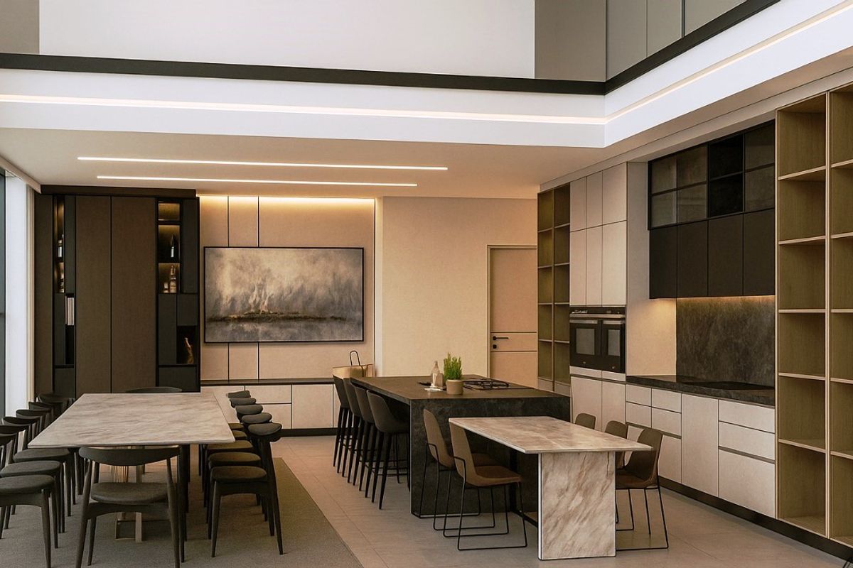 Modern open-plan living space featuring a sleek kitchen with integrated appliances, stone island, and expansive windows, creating a sophisticated and cohesive interior design.