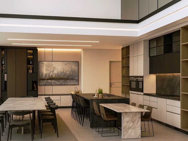Modern open-plan living space featuring a sleek kitchen with integrated appliances, stone island, and expansive windows, creating a sophisticated and cohesive interior design.