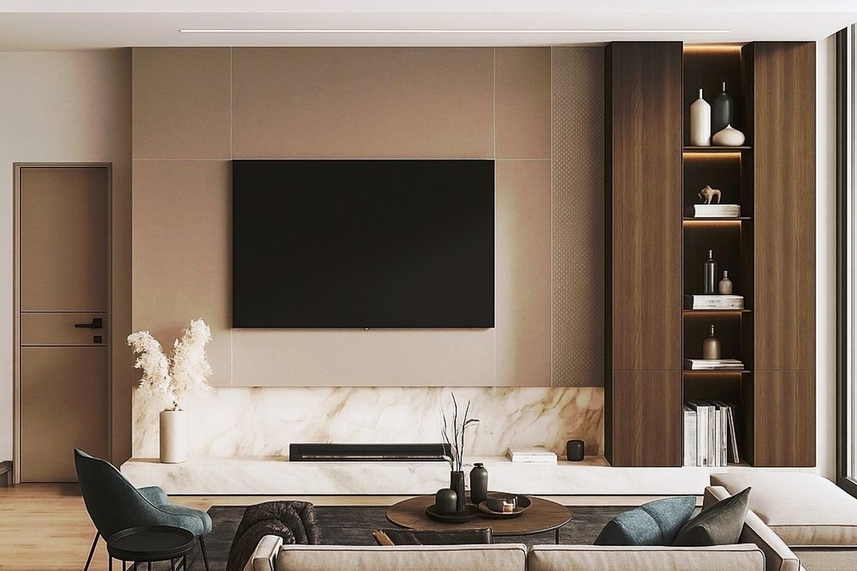 Modern living room featuring a marble fireplace hearth, integrated wood cabinetry with display shelving, and recessed lighting.