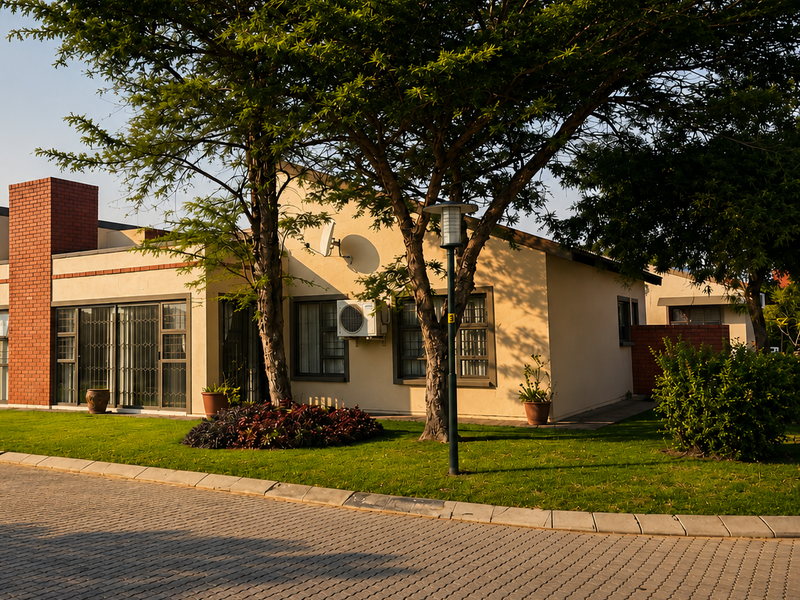 Front view of a single-story house featuring a brick chimney, paved driveway, and established garden with mature trees.