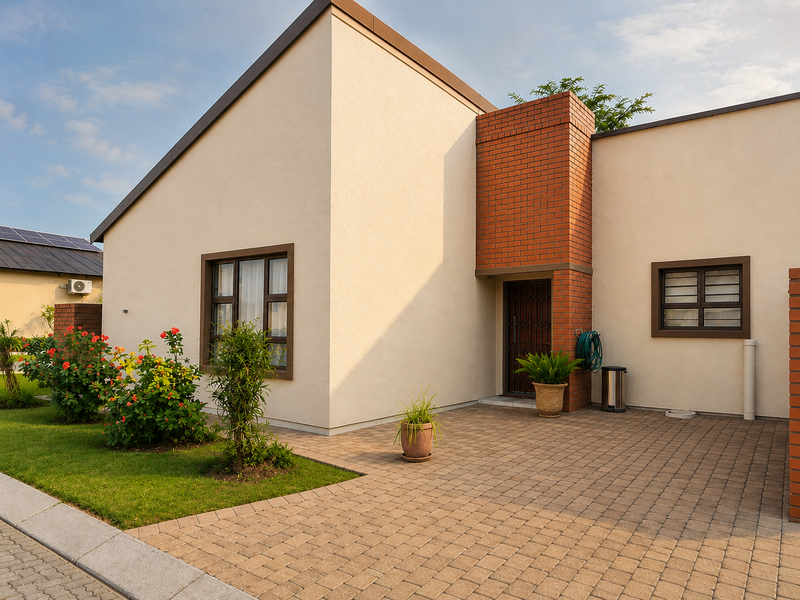 A well-maintained modern house exterior featuring a paved driveway, brick accents, and a neat front lawn.