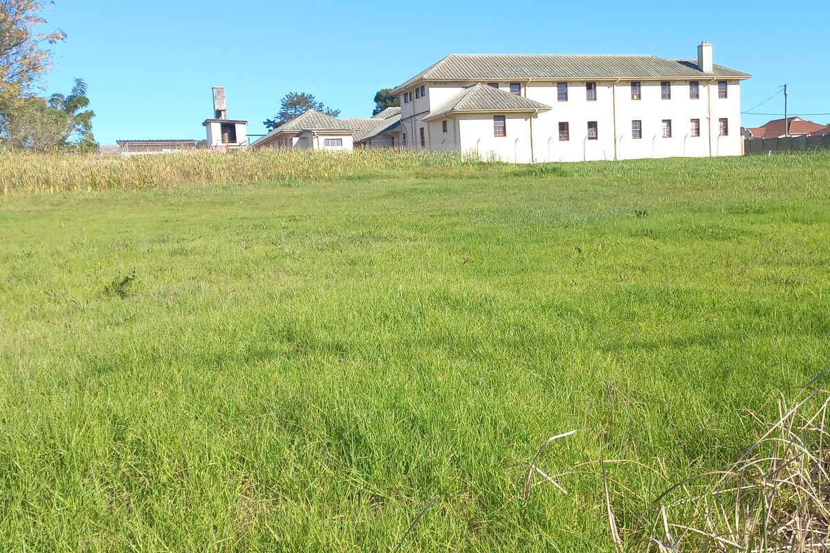 A view of a vacant residential plot of land with grass cover, showing adjacent buildings in the background.
