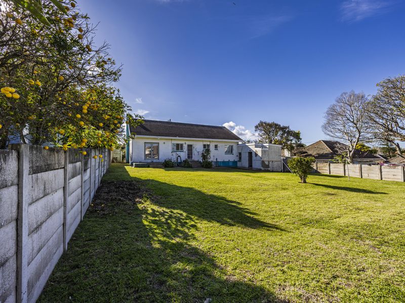 Spacious rear garden featuring a large lawn, mature citrus tree, and a precast concrete boundary wall, providing a private outdoor area.