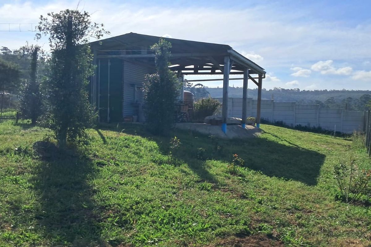 A view of a vacant residential plot featuring a small corrugated metal shed with an attached covered patio area and perimeter fencing.
