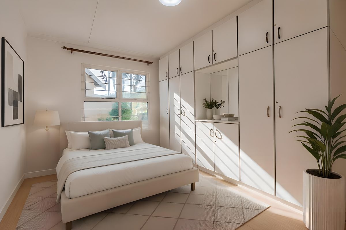 A well-lit bedroom featuring extensive floor-to-ceiling built-in cupboards with integrated shelving and a louvered window providing natural light.