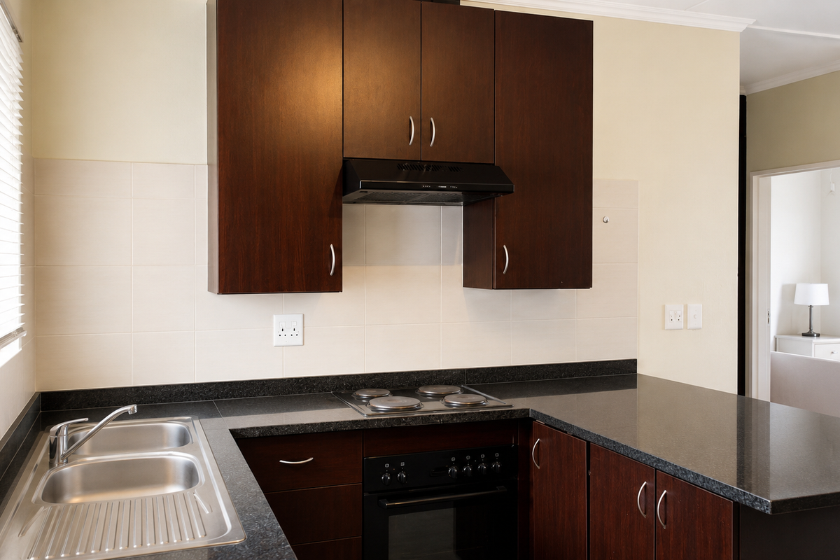 A functional kitchen featuring dark wood cabinetry, black granite countertops, a built-in oven, electric hob, and a stainless steel double sink.