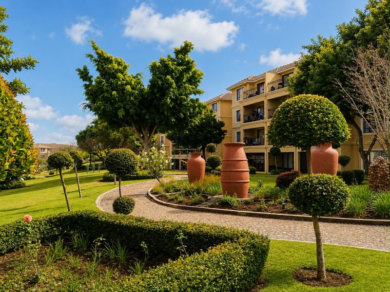 A well-maintained communal garden area featuring a winding cobblestone pathway, manicured hedges, and mature trees set against an apartment building complex.