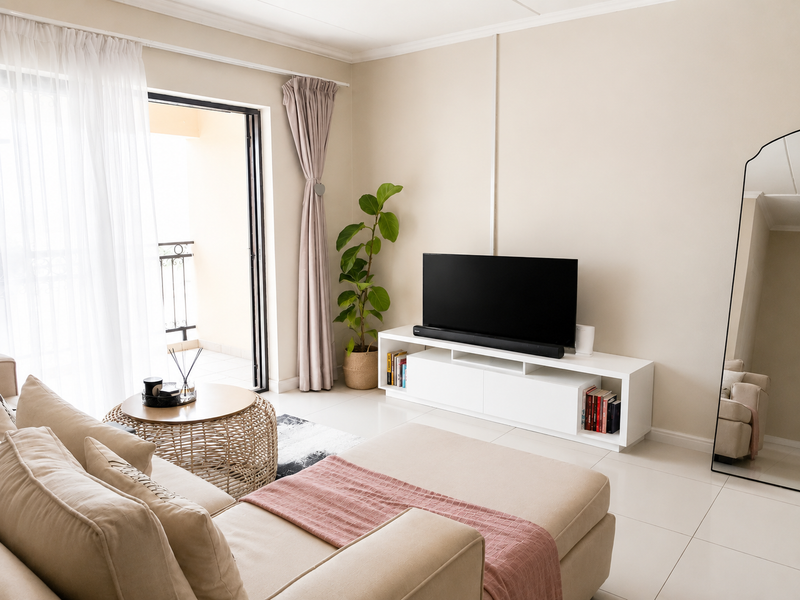 A bright and well-maintained living room featuring tiled flooring, neutral walls, and direct access to a private balcony through a sliding glass door.