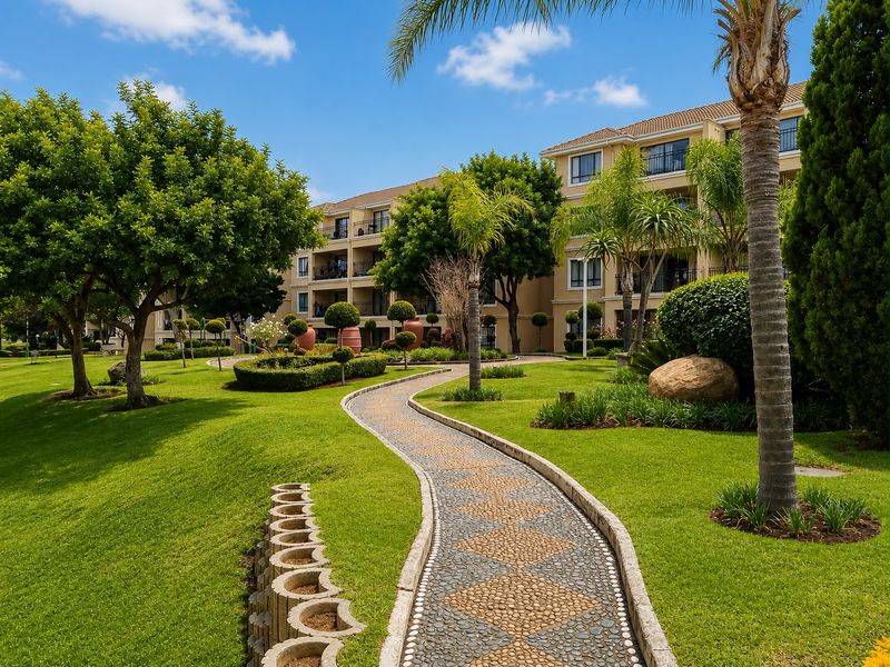 A well-maintained communal garden area featuring a decorative paved pathway, lush green lawns, and mature trees set against a multi-story apartment complex.
