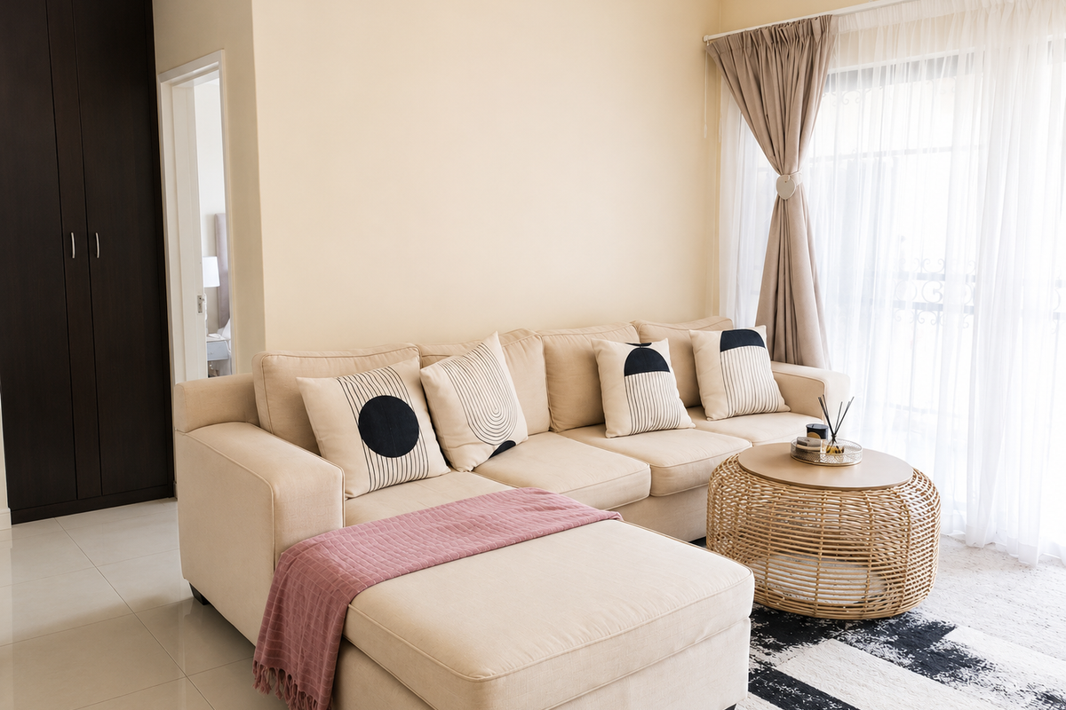 A bright and well-maintained living room featuring neutral tiled flooring, a dark built-in cupboard, and access to a balcony through sliding glass doors.
