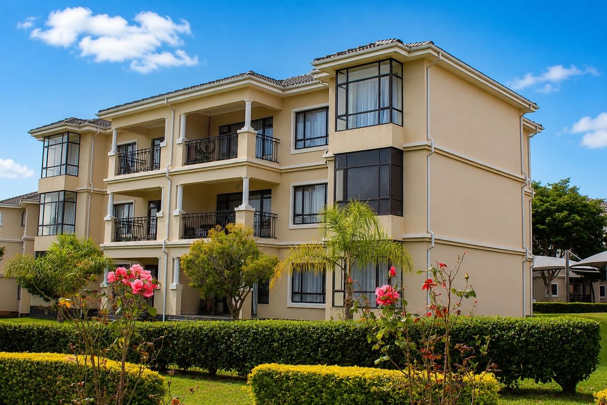 A well-maintained multi-story apartment building featuring private balconies, metal railings, and landscaped garden surrounds.