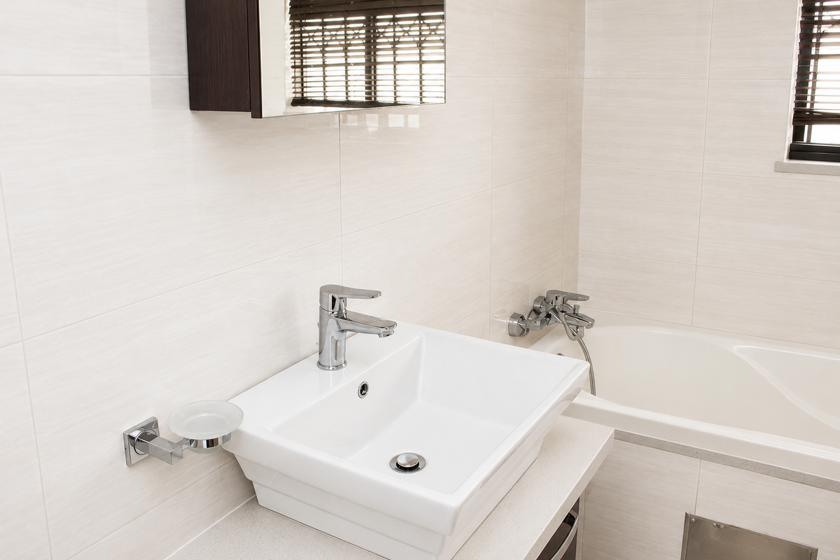 A clean, modern bathroom featuring a wall-mounted basin, chrome fixtures, and a built-in bathtub with neutral ceramic wall tiling.
