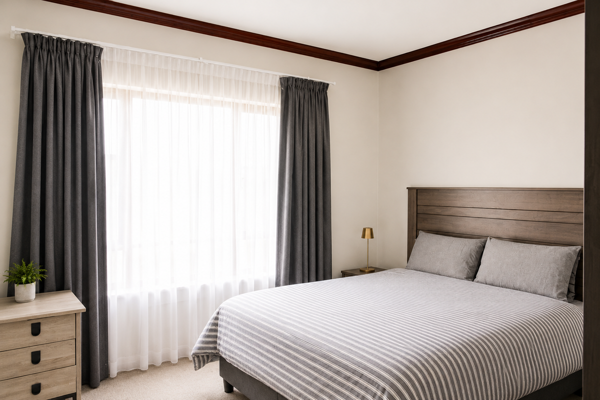 A well-maintained bedroom featuring neutral walls, dark crown molding, and large windows dressed with layered curtains.