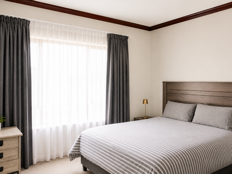 A well-maintained bedroom featuring neutral walls, dark crown molding, and large windows dressed with layered curtains.