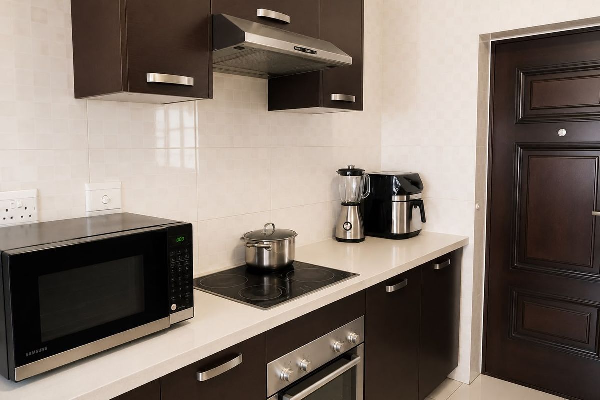A modern kitchen featuring dark wood cabinetry, stone countertops, a built-in oven, electric hob, and a stainless steel extractor fan.