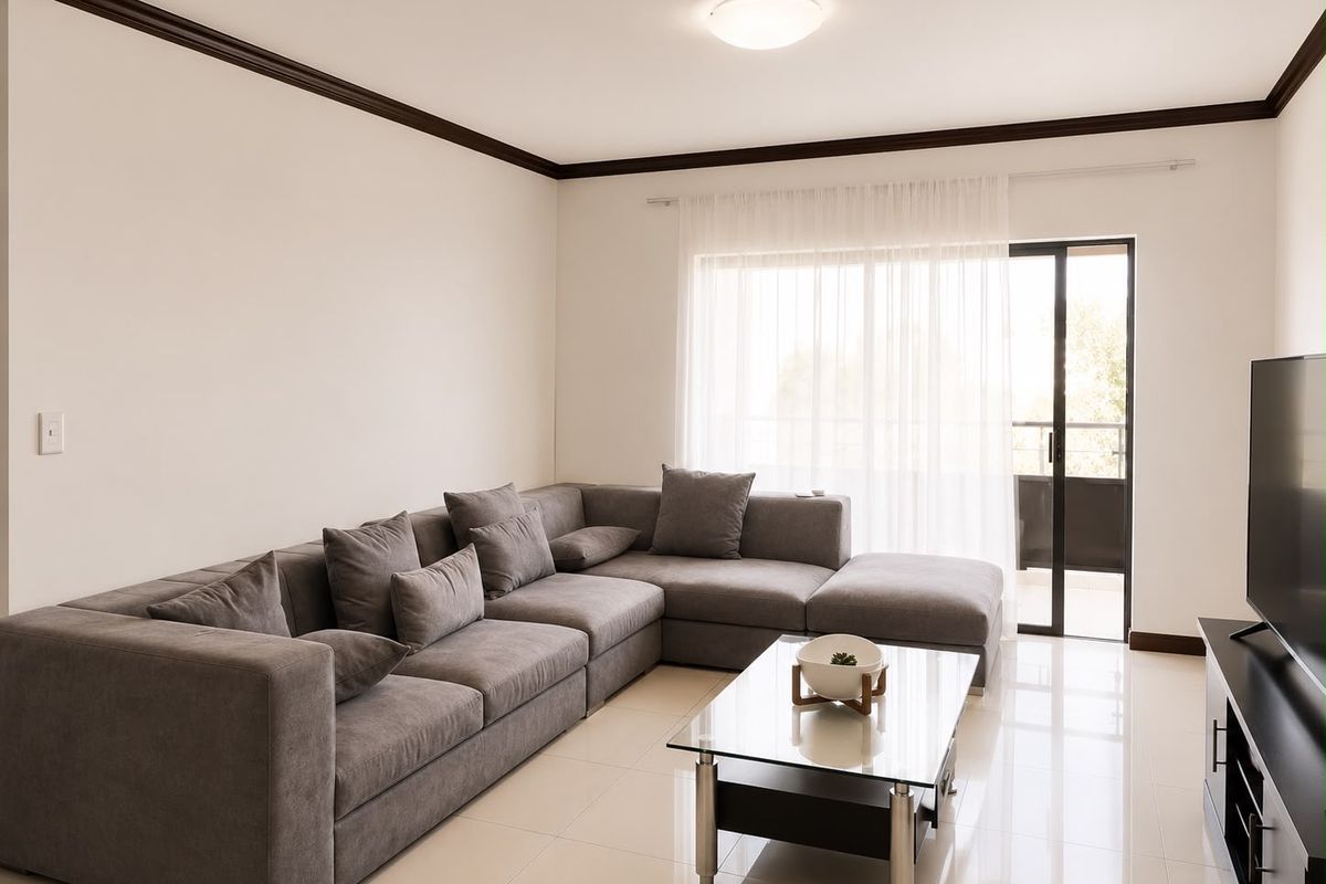A bright and modern living room featuring tiled flooring, crown molding, and a sliding glass door providing access to an outdoor balcony.