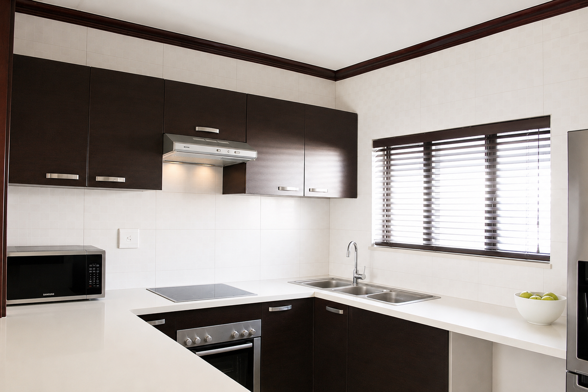 Modern kitchen featuring dark wood cabinetry, white stone countertops, stainless steel appliances, and a tiled backsplash with natural light from the window.