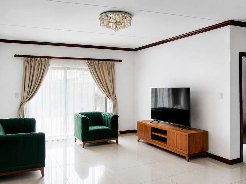 A bright and well-maintained living room featuring polished tile flooring, elegant crown molding, and a sliding glass door providing natural light.