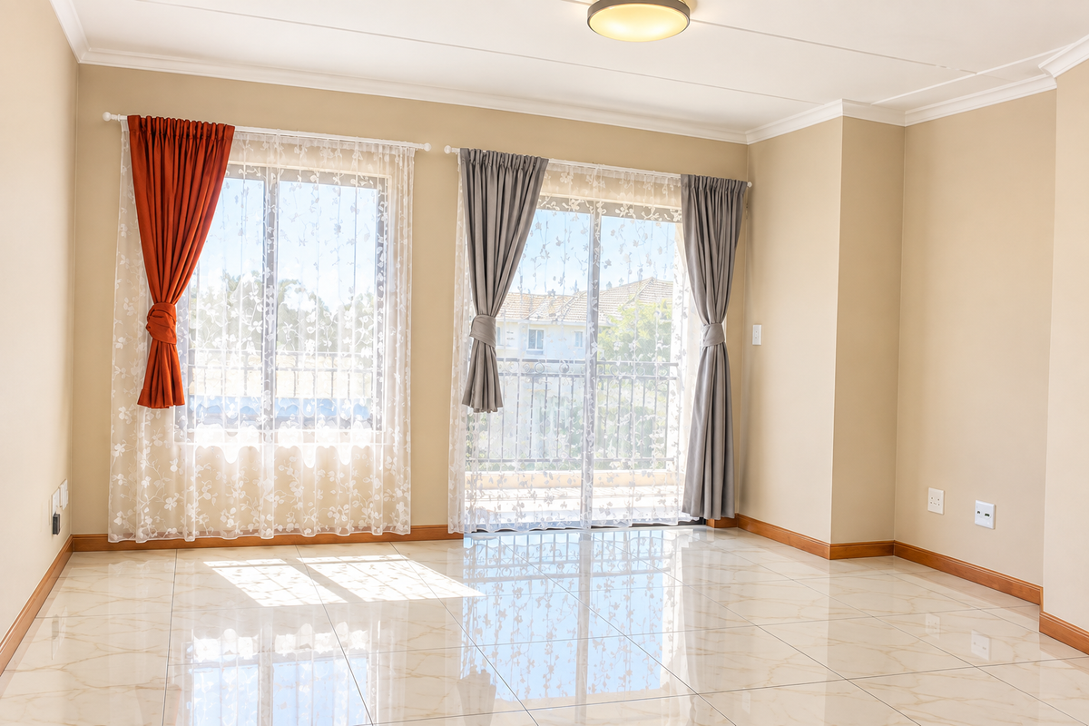 A bright, empty living room featuring polished tiled flooring, neutral walls, and a sliding glass door providing access to an outdoor balcony area.