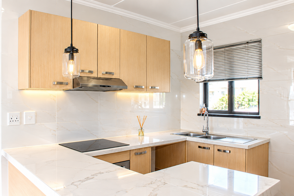Modern kitchen featuring light oak cabinetry, marble-look quartz countertops, induction hob, stainless steel extractor, and elegant pendant lighting.